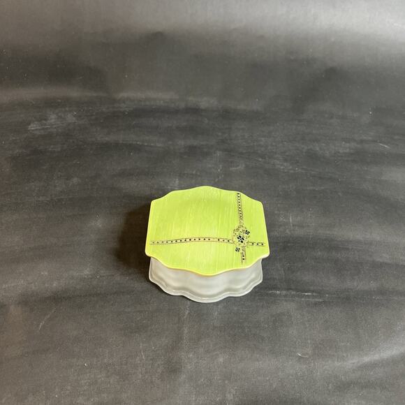 Vintage Frosted Glass Vanity Jar Green Deco Celluloid Lid Art Deco Style - Picture 2 of 13